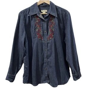 Eddie Bauer Denim Floral Embroidery Button‎ Front Shirt Western Country XL
